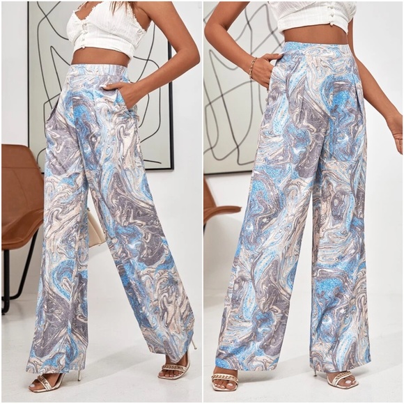 Boho Marble Print Wide leg Palazzo Pocket Pants - Picture 2 of 2